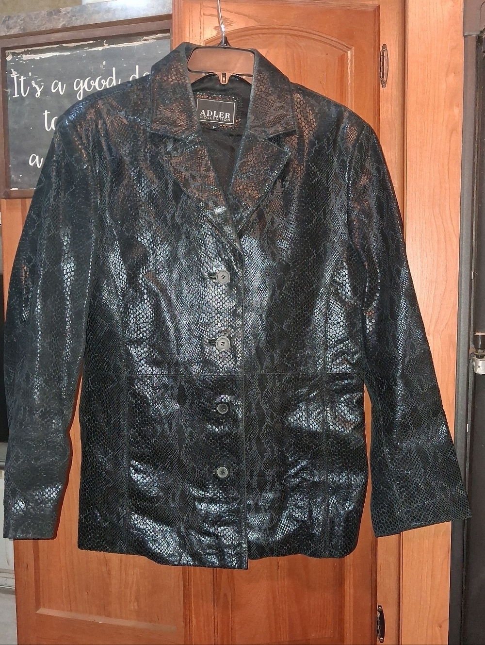 Adler Women's Black Genuine Leather -Snakeskin Button Jacket In A Large